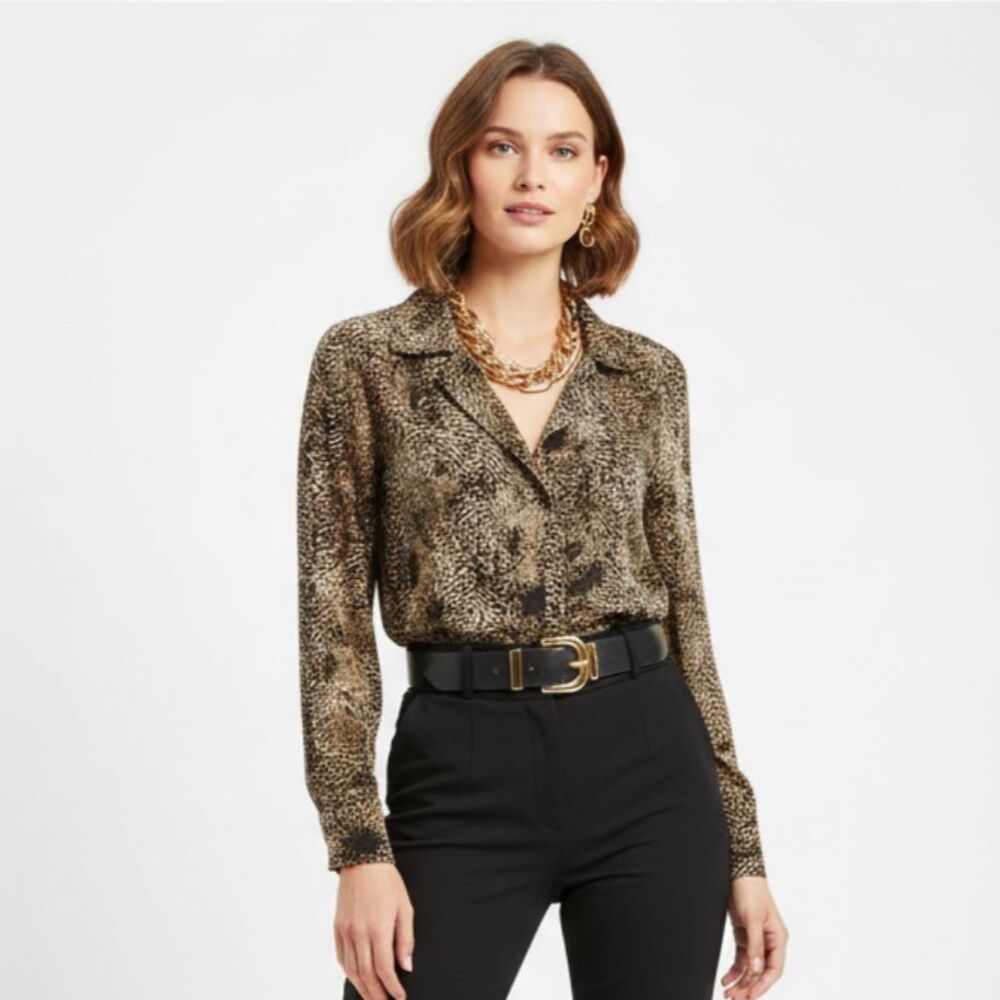 Yansi Fugel Tan & Black Animal Print Long Sleeve Top L